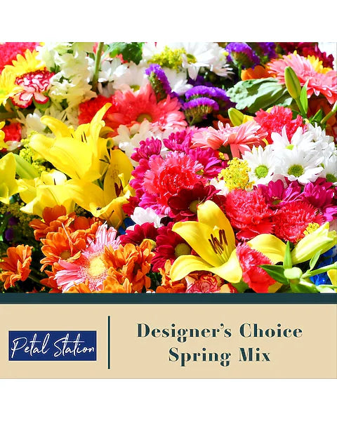 Colorful bouquet of flowers with Choice Spring Mix' text.